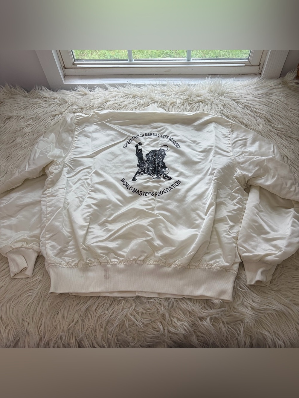 Vintage Game Sportswear White Satin Martial Arts Bomber Sensei Earth Jacket XL